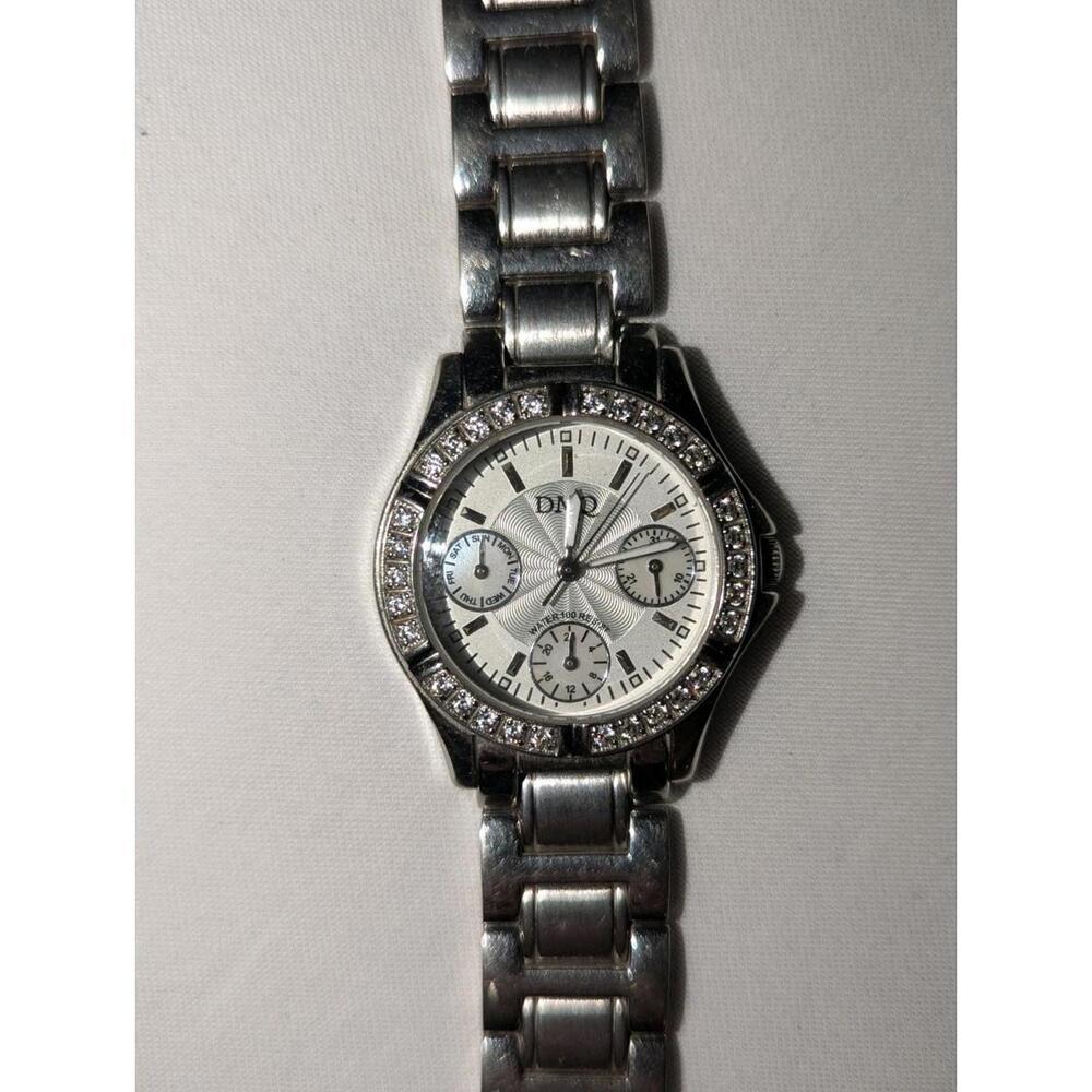 DMQ CZ Women DQ/1067 Dress Day Date Crystal Bezel Silver Tone Quartz Watch 7"
